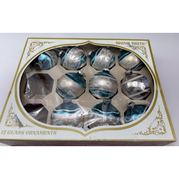 Shiny Brite Vintage Glass Ornaments Teal & Silver Glitter 10-Piece Set Christmas - Picture 8 of 14